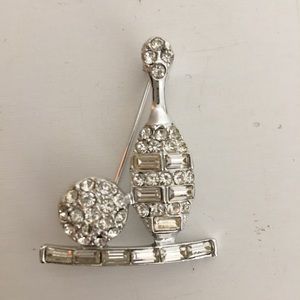 Rhinestone Bowling Pin & Ball Silvertone Pin 1980s